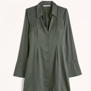 Long-Sleeve Satin Shirt Dress in Olive from Abercrombie and Fitch